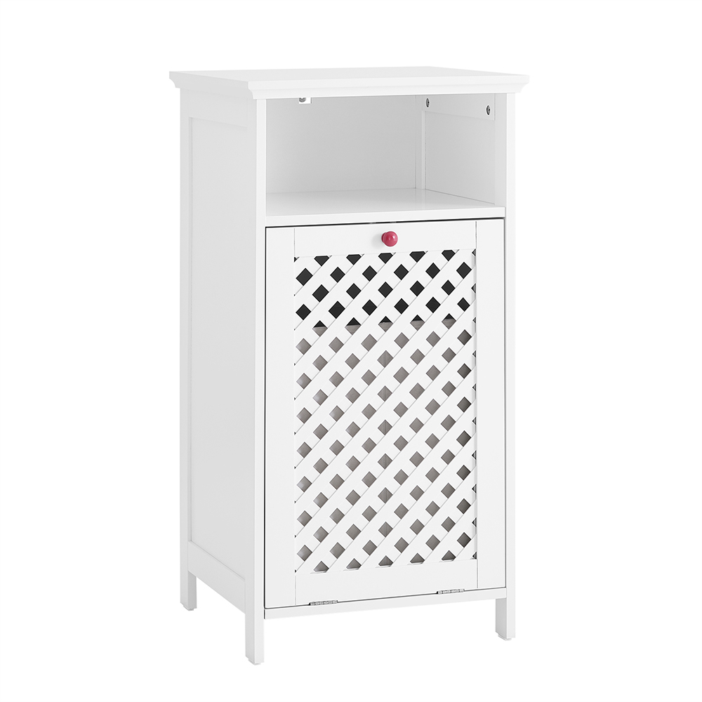 Image of SoBuy Mobiletto Bagno Salvaspazio con Cesto Portabiancheria e Ripiano Aperto – Mobile Bagno in MDF E1 & Tessuto Non Tessuto, Capacità 30kg, Ante Intrecciate con Maniglie Rosse 45x41,5x87cm BZR211-W