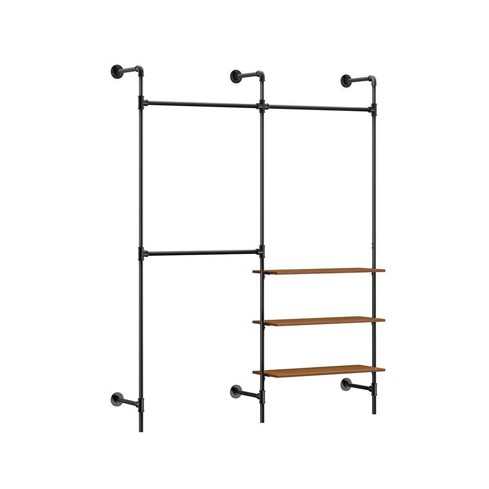 Image of SoBuy appendiabiti da parete industriale, rack tubolare fisso con 3 barre & 3 ripiani in MDF, armadio aperto pesante salvaspazio, nero industriale KLS18-SCH