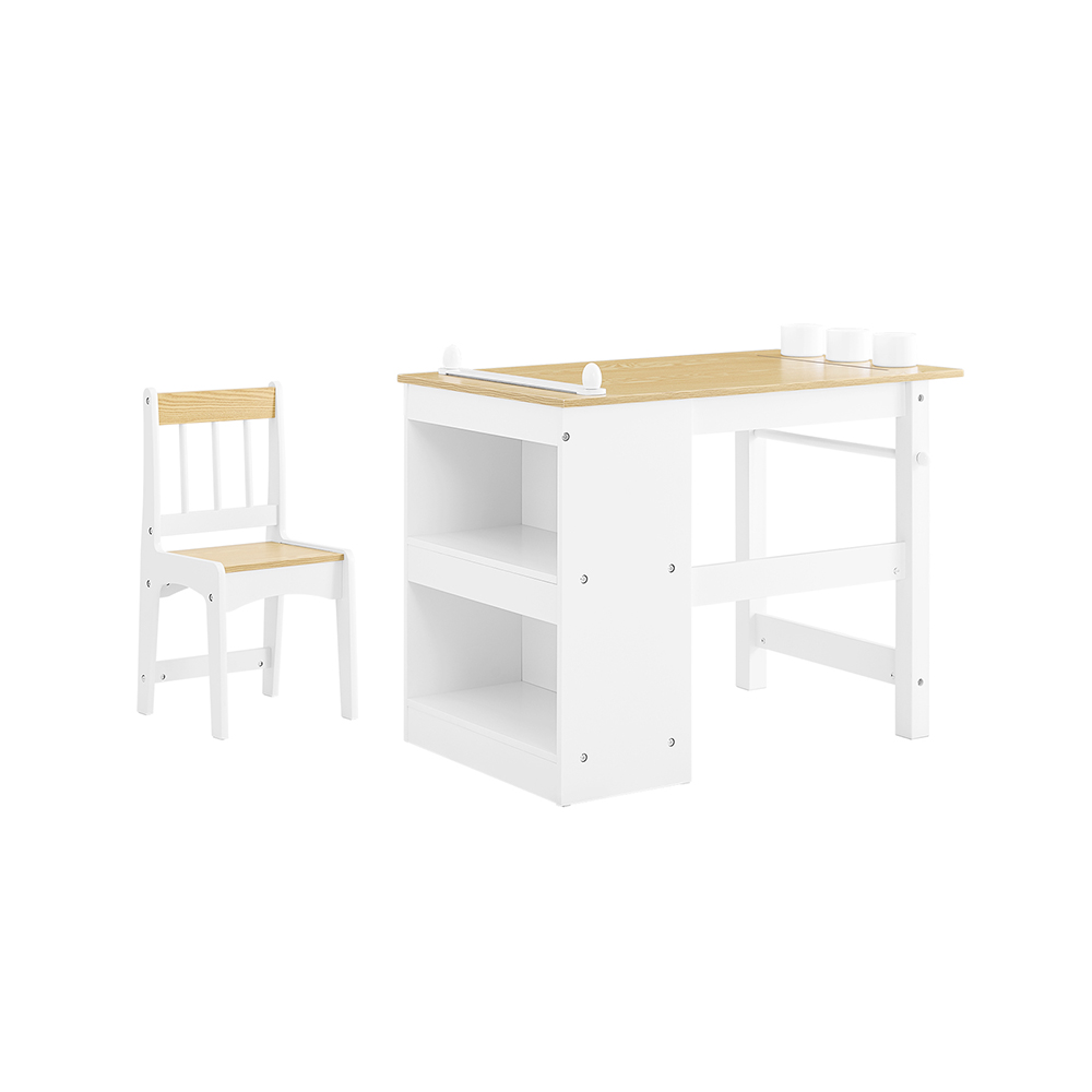Image of SoBuy Tavolino Bambini con 1 Sedia, Set Tavolo e Sedie per Bambini Multiattività con 2 Ripiani, Tavolo Disegno e Gioco, Sedia Scrivania Cameretta Bianco e Naturale 80x50x66cm KMB60-WN